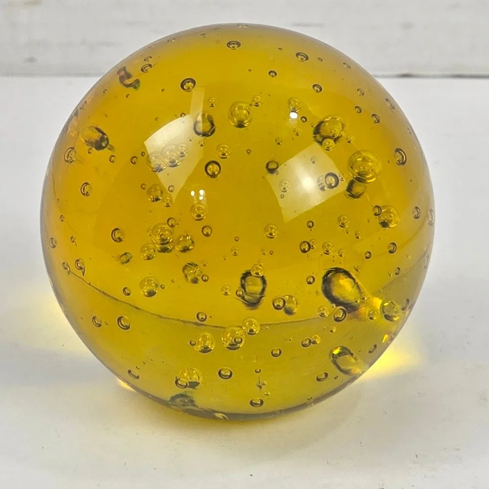 Amber Art Glass Paperweight w Pulegoso Bubbles 2.75